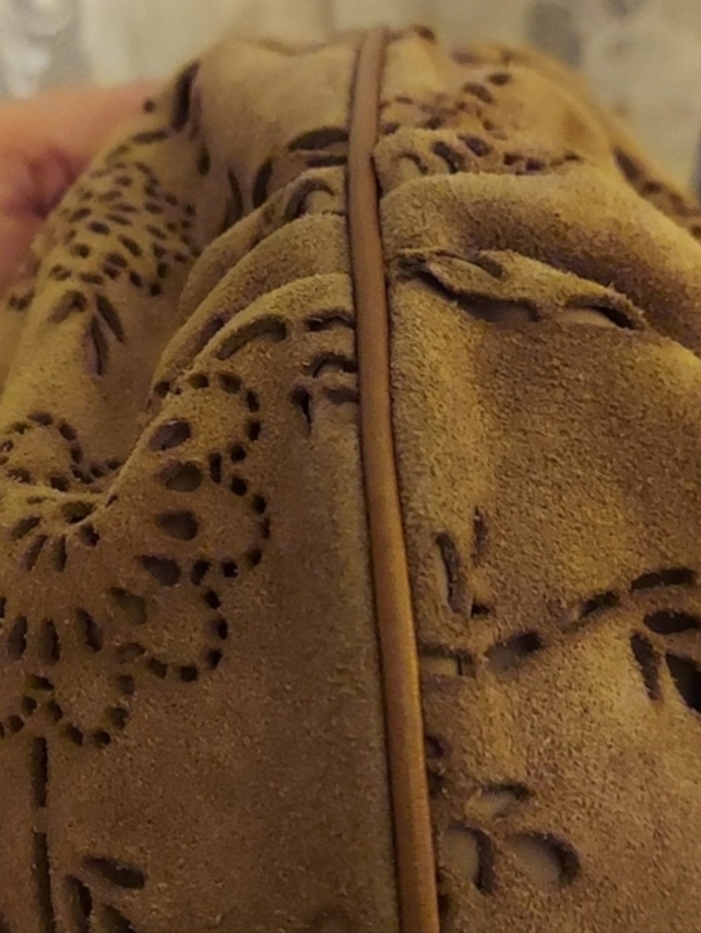 COLE HAAN H06 Collection Brown Suede Lazer Preforated Floral Motif Hobo Bag - Picture 10 of 14